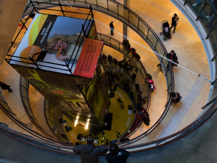Mountain Dew promotional stand at a shopping mall, aerial view