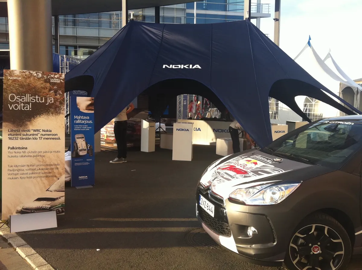 Nokia WRC Rally promotional tent and Red Bull rally car live