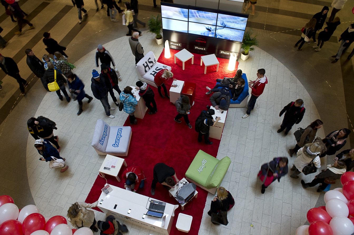 Sonera iPhone 4 launch stand aerial view at a shopping mall